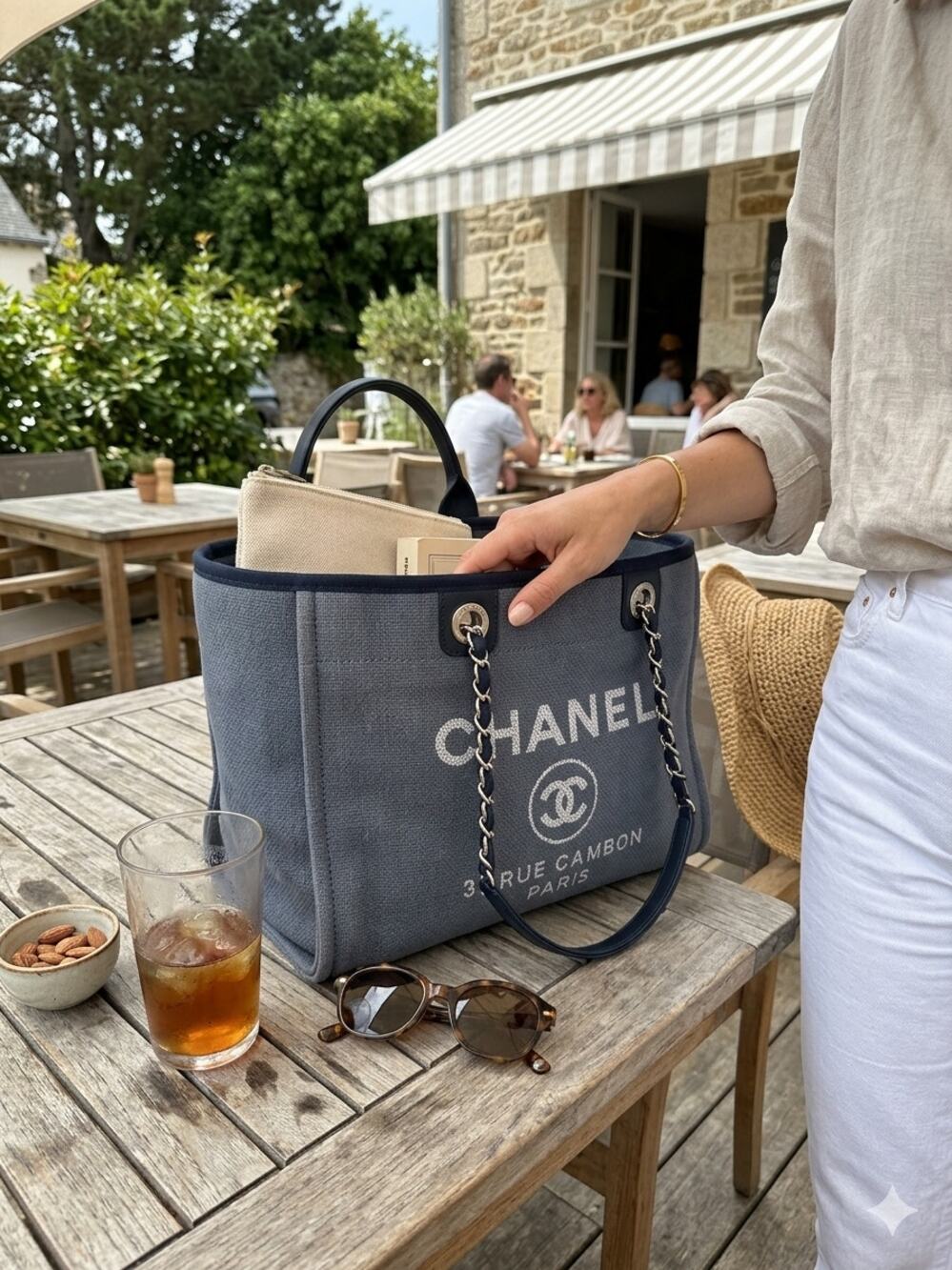 Chanel Deauville Tote Bag Denim Slate Blue Canvas Navy Trim Silver Hardware